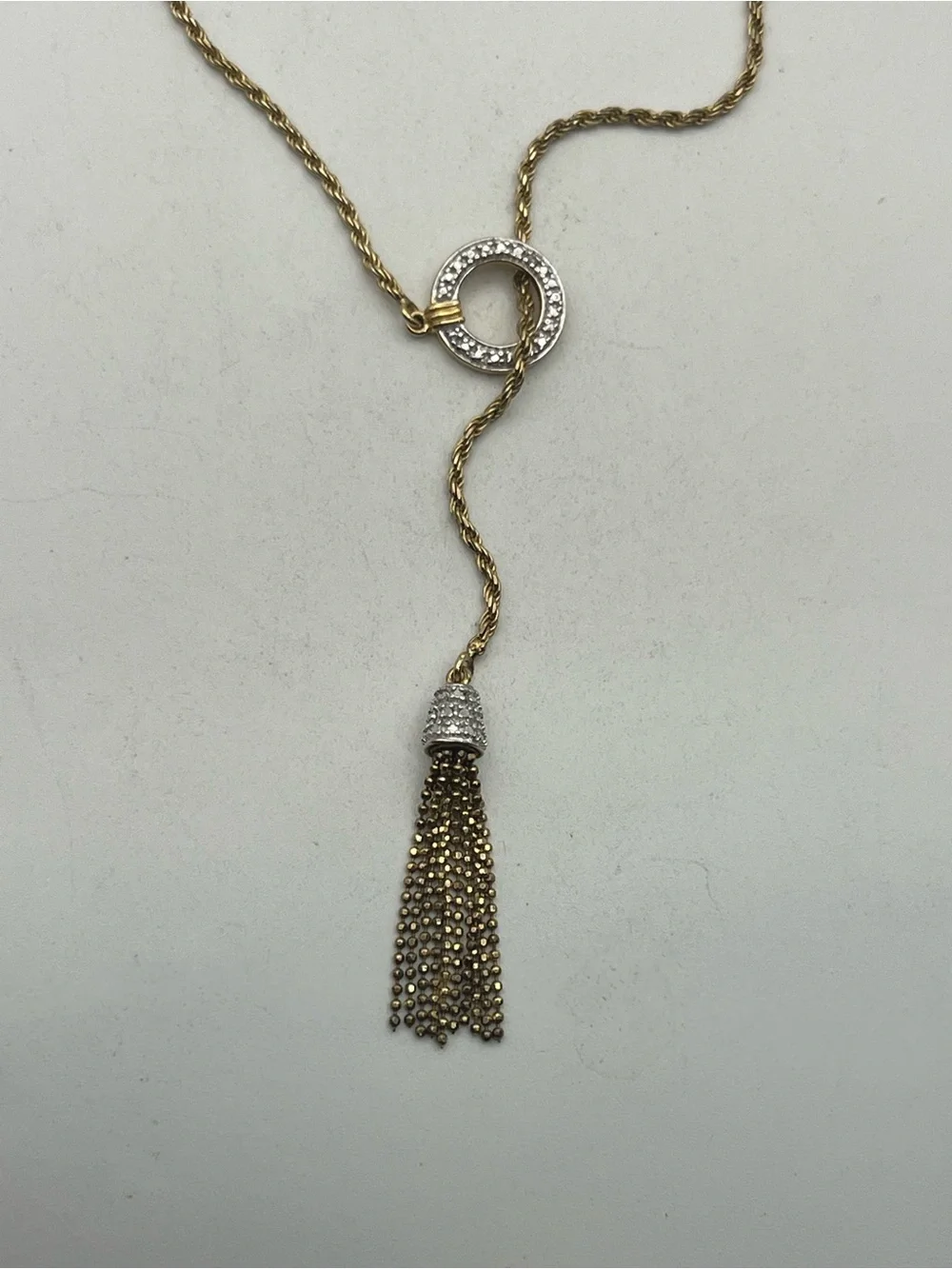 Lariat tassel necklace gold over sterling silver CZ chain